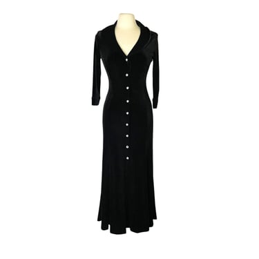 Vintage 90s Y2k Newport New Black Luxe Velvet Rhinestone Button Long Dress Whimsy Goth Size 6 