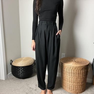 90s vintage black minimalist silk high waisted rise pleated front trousers pants by my pantalon 