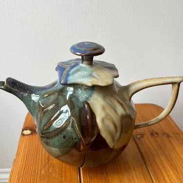vintage multi colored glazed pottery teapot handmade and signed John Shedd, MCM Earthenware Pottery tea kettle Glazed Blue Green Brown 