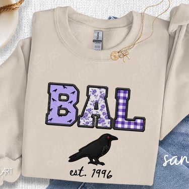 Ravens BAL faux emb varsity lettering Sweatshirt | purple college style crewneck by CloudArt