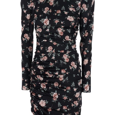 Dolce & Gabbana Women Black Dress With Floral Print And Side Draping In Silk For Women