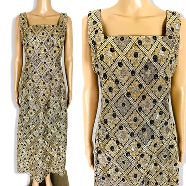 Vintage 1960's Metallic Gold & Black Geometric Brocade Column Dress - size Medium 
