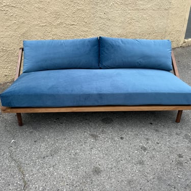 Walnut Sofa Daybed with Blue Feather Down Cushions | Handmade in California 