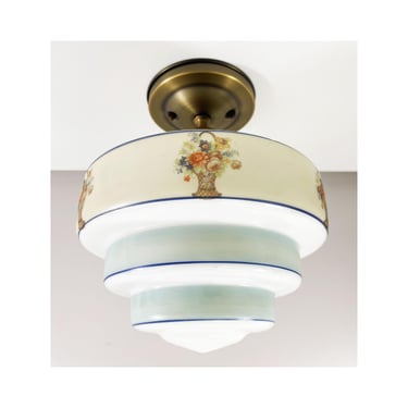 Victorian Era Glass Floral Ceiling Shade with Antique Brass Fixture - 10.5