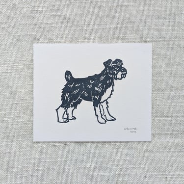 5x6 in Schnauzer Linocut Print on Paper - Dark Blue Gray - Printed by Hand 
