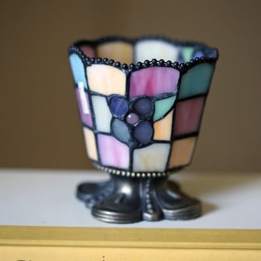 Vintage Partylite Stained Glass Mosaic Votive Candle Holder | Tiffany Style Pastel Glass with Metal Base | Grape Motif Candle Holder, 4