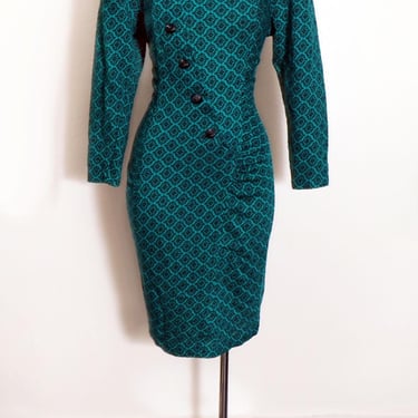 80's Green Knit Dress Vintage fitted Stretchy bodycon 1980's New Wave MEDIUM 