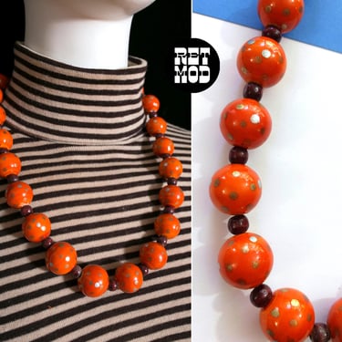 Unique Vintage 70s 80s Orange with Gold Polka Dots Hand-Painted Wood Beaded Necklace - As Is 