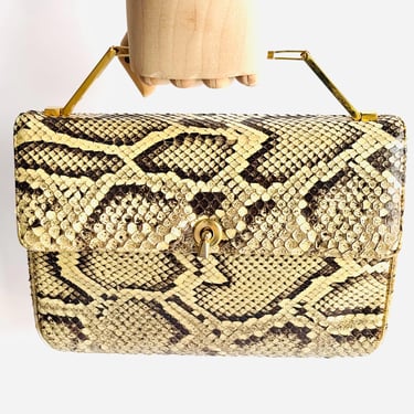 Vintage Bags by Varon convertible clutch crossbody bag and top handle purse in exotic Snake skin & leather 70s / 80s gold metal hardware 