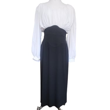 Vintage 1980s Neo Edwardian Dress White Ruched Top Black Skirt Long Sleeves / M 