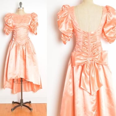 vintage 80s prom party dress peach satin bow puff sleeve hi-lo fishtail hem XS 