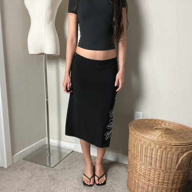 y2k vintage black minimalist low rise flower embroidered slinky midi skirt 
