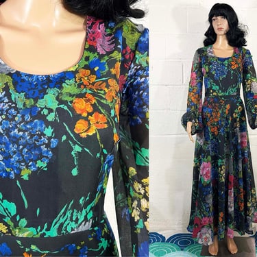 Vintage Floral Dress Sheer Long Peasant Sleeves Jobi Wildflowers Bishop Sleeve Midi Maxi Wedding Bridesmaid 1970s 1980s Medium Large 