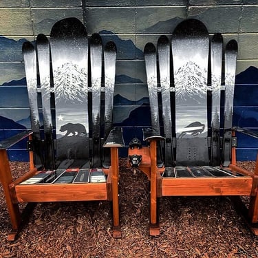 Set of 2 - Grey, Black & Silver Mountain Mural Chairs, bear, Buffalo, Comfortable Yard Chair, Adirondack Snowboard Chair, Patio Chair 