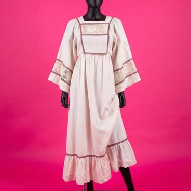 Vintage 1970s Boho Hippie Muslin Lace Wide Sleeve Prairie Maxi Dress Size S 