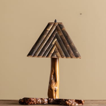Burl Wood Table Lamp w/ Bamboo Shade, 1970's