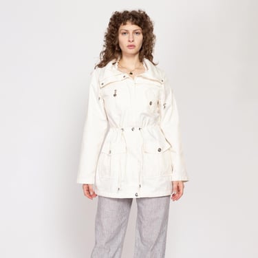 Small Y2K White Betsey Johnson Drawstring Waist Jacket | Vintage Lightweight Windbreaker Zip Up Rain Jacket Parka 