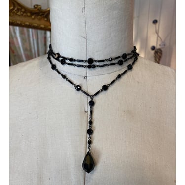 vintage 1990s jet glass lariat necklace 90s choker Y gothic victorian jewelry 