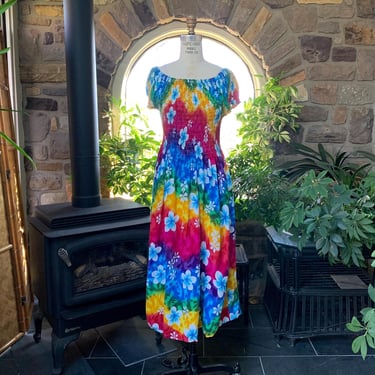Vintage 1980s Shirred Vibrant Colorful Floral Hawaiian Dress Aloha Fashion Hawaiian Fashion 