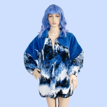 Vintage 1990s Fleece Jacket, All Over Print, Nature, Mountains, Outdoors, Camping, Mazmania, Blue, 90s, Streetwear 