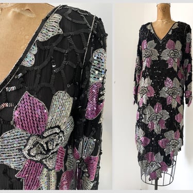 Vintage ‘80s ‘90s India pure silk cocktail dress, sequin flowers | black & pink evening dress, party dress XS/S 