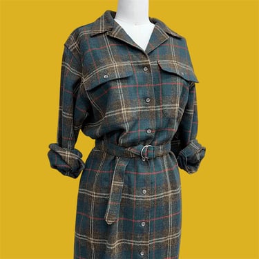Vintage Buttondown Dress Retro 1980s Land End + Size 10 + 100% Wool + Plaid Print + Suede Elbow Patches + Shirt Dress + Midi Length + Womens 