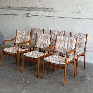 Set of 6 Upholstered Captain and Side Dining Chairs Teak Wood Vintage Mid-Century Modern 1960s 