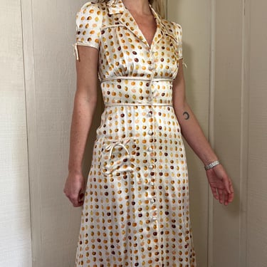 Vtg 90s Betsey Johnson NY Silk Fruit Dress, Vintage Fruit Print Collared Button Front Midi Dress, Shirt Dress, Size 2 