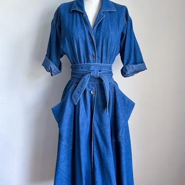 Vintage 1980s Full Skirted Denim Dress / M 