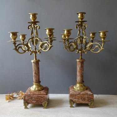 Pair of  French Antique Napoleon III Marble Candelabras./5 arms 