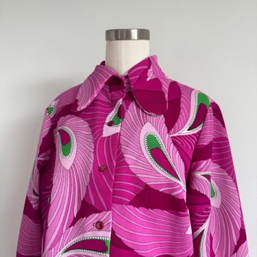 Vintage 60s Psychedelic Long Sleeve Geometric Blouse with Neon Print; 70s Unisex Mod Long Sleeve Boxy Blouse Dog Ear Collar Feather L XL 
