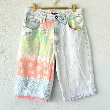Vintage 80s Graphic Shorts Light Wash Jeans High Waisted Patchwork Denim 
