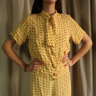 1940's Matching Set / Yellow Printed Pants Blouse and Robe / Vintage Women's Medium 