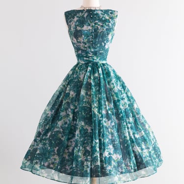 Stunning 1950's Emerald Garden Floral Print Party Dress / S