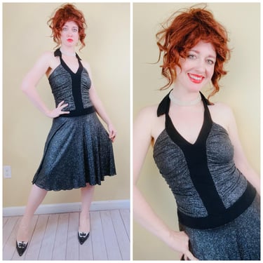 Y2K Enfocus Glitter Dropped Waist Halter Dress / Black and Silver Fairy Disco Dress / Size Medium 