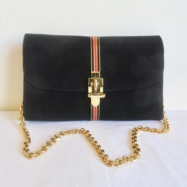 1970's Italian Black Suede Purse Gold Hardware and Shoulder Chain Convertible Clutch Gucci Style Bag John F., Florence, Made in Italy 