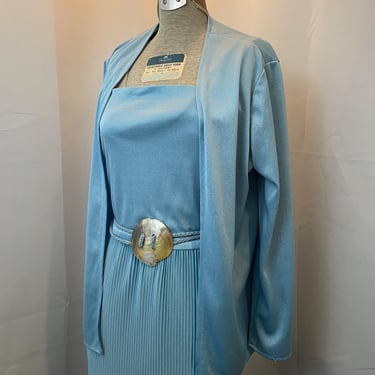 1970s Baby Blue Pleated Maxi Dress with Sea Shell Belt Jacket M 