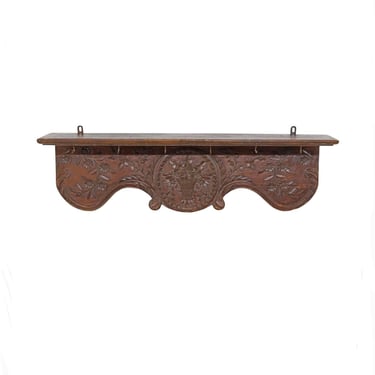 Antique French Provincial Carved Oak Wall Hanging Kitchen Rack / Rustic Hunt Game Fowl Rack with Shelf & Hooks 17th/18th Century 