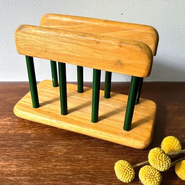 Vintage Pier1 Solid Wood Napkin Holder | Retro Magazine Vinyl Record Display Rack | Modern Pop Minimalist Green Dowel | Kitchen Dining Table 