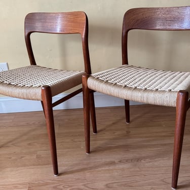 Pair of Niels Moller model # 75 dining chairs in aged teak and new Danish Paper Cord, desk chairs, bedroom chairs 