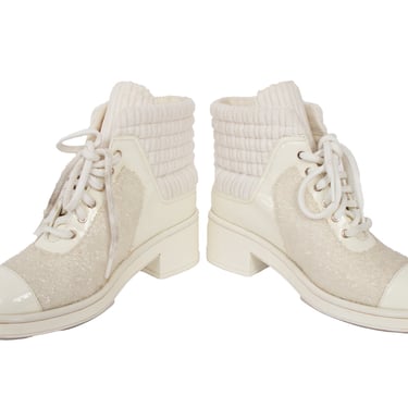 Chanel Cream Patent Tweed Combat Boots*