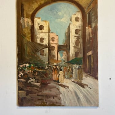 Vertical Vintage Oil of European Village Scene I, signed