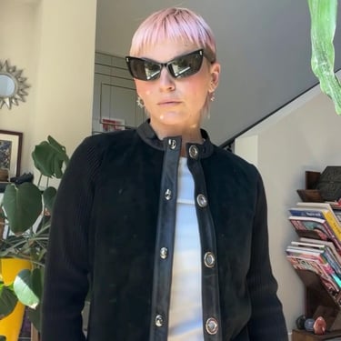 VTG Y2K Ribbed Knit Suede and Leather Toggle Cardigan 