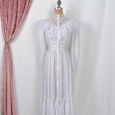 Vintage 1970s Dress / 70s Gunne Sax Cotton Prairie Dress / White ( XS S ) 