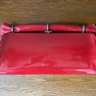 Vintage 1960s Red Patent Leather Oversized Clutch Bag with Decorative Top 