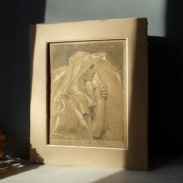 Antique French Drawing of a young Woman Praying,signed. 