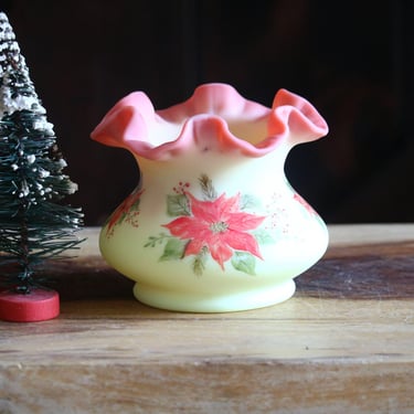 Vintage Fenton Burmese Glass Rose Bowl, Elegant Winter Decor, Uranium Glass Ruffle Rim Vase with hand painted Poinsettias, Collector Gift 