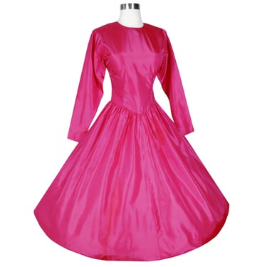 Vintage 80s Fuchsia Hot Pink Taffeta Full Skirt Prom Party Dress XS S Extra Small Long Sleeve Back Bow Modest Evening Dance 1980s Costume 