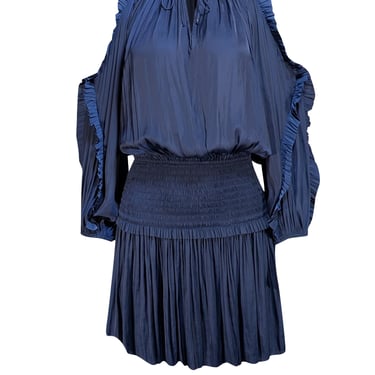 Ulla Johnson - Navy Satin Smocked Waist Cold Shoulder Dress Sz 0