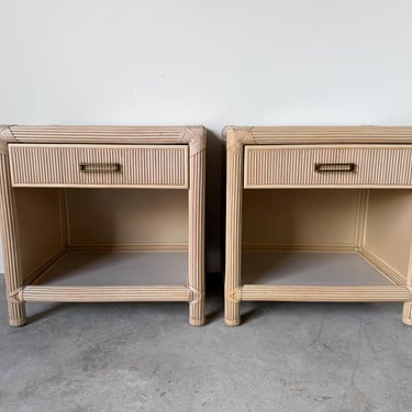 Vintage Coastal Rattan & Leather Top One-Drawer Nightstands – A Pair 